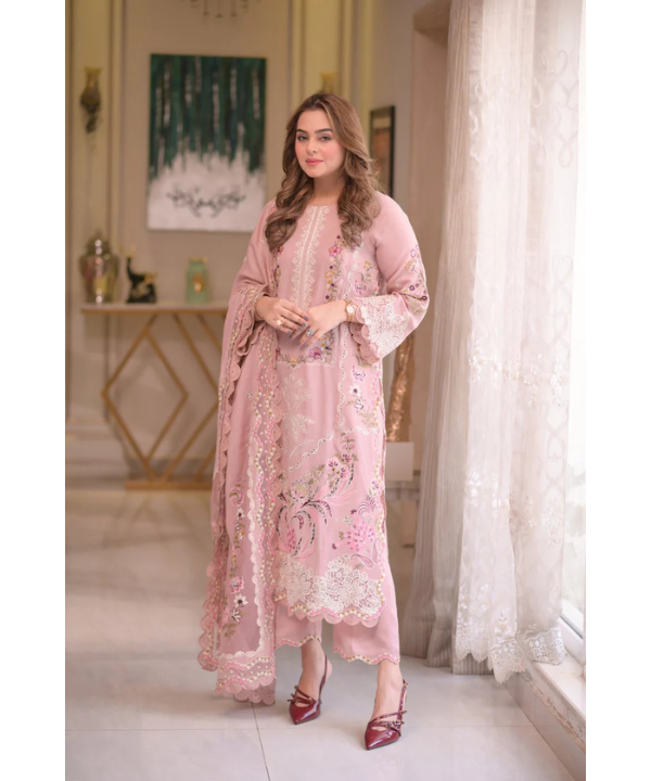 Lawn-3PC Embroidered Shirt With Embroidered Cotton Viscose Dupatta